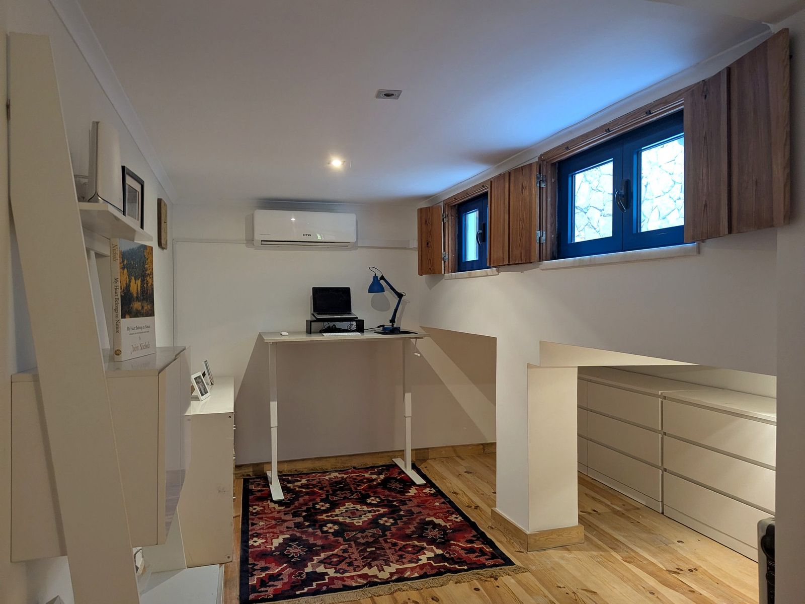Downstairs office with a standing desk under shuttered windows.