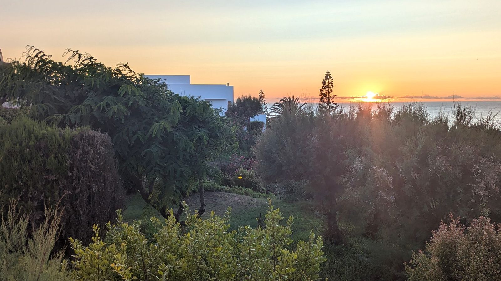 The sun setting over the Atlantic beyond the garden.